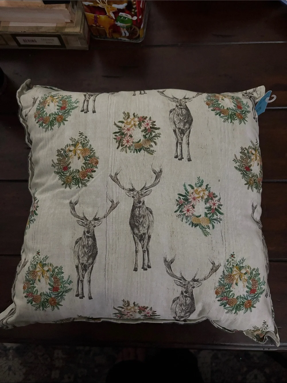 Festive Deer & Wreath Holiday Pillow - Cream